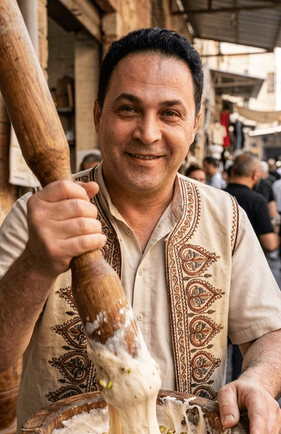 Haytham Al Rimlawi pounding booza with a wooden pestle in Saida